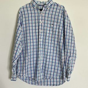 Vineyard Vines Tucker Button Up Shirt Mens‎ Med Blue Pink Windowpane Plaid Whale